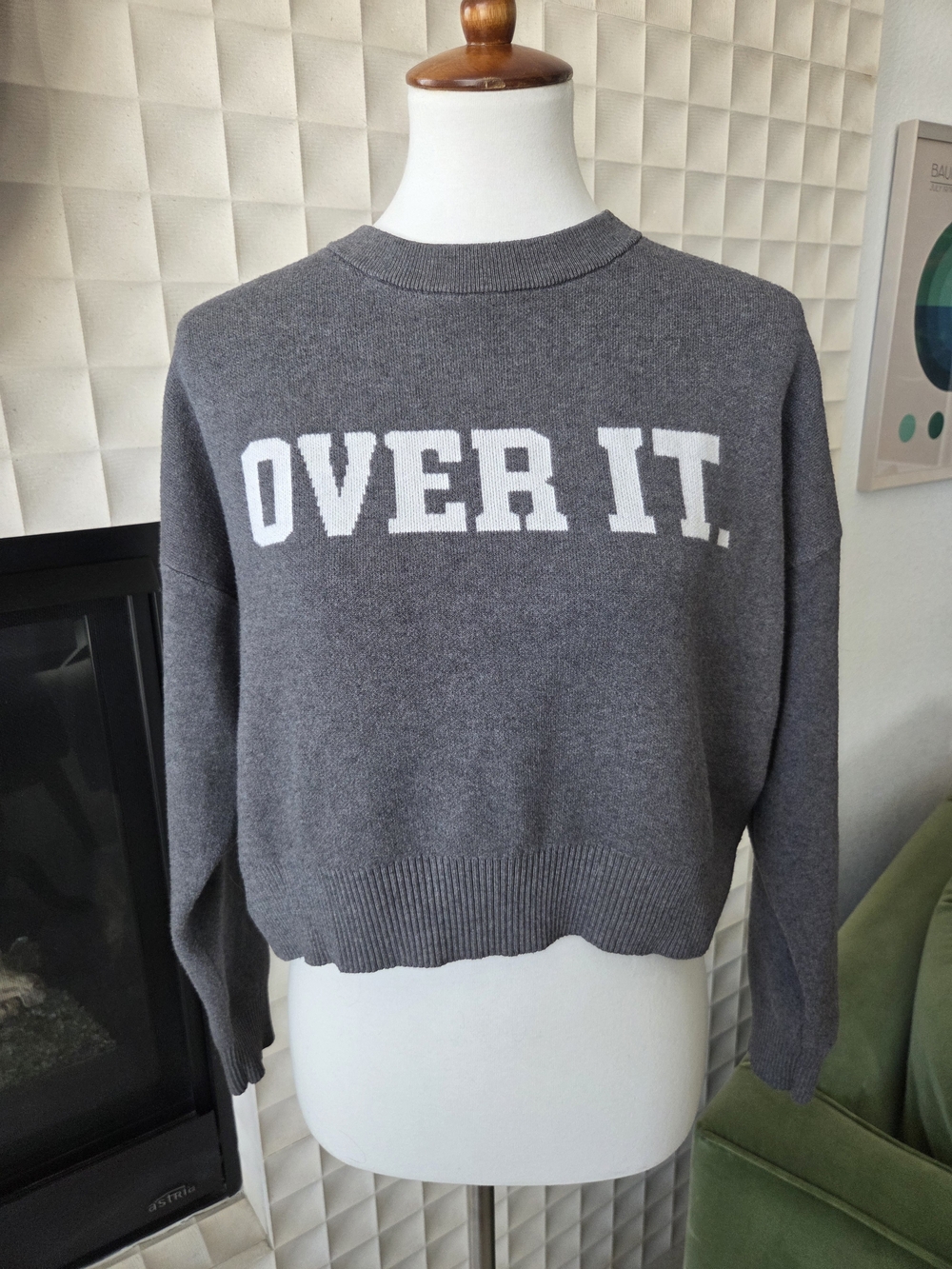 Gray Crewneck Sweater with OVER IT White Lettering, Size Large